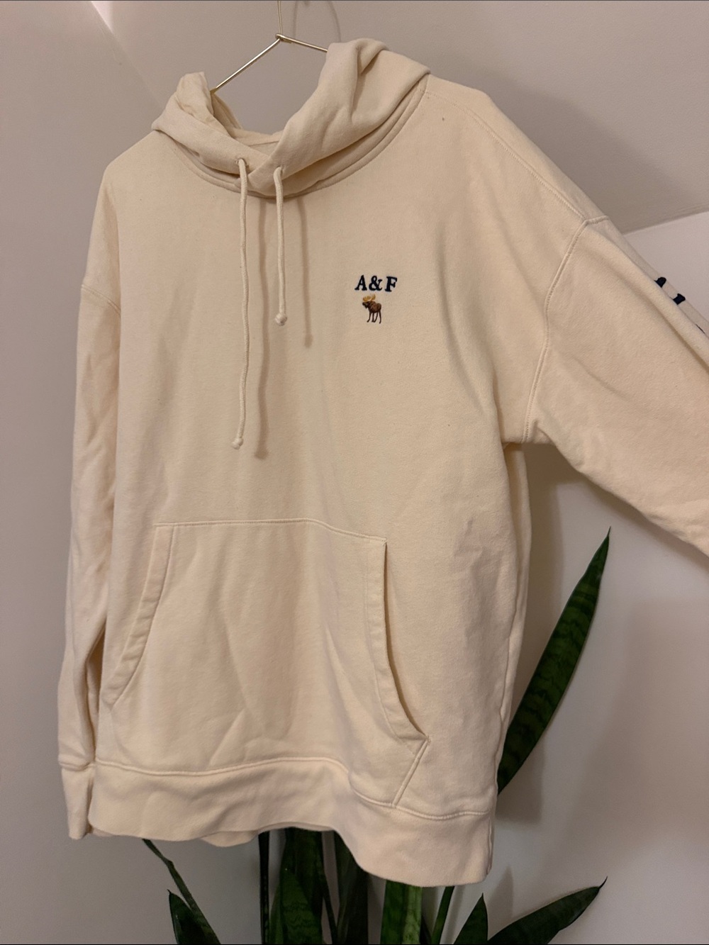 Abercrombie & Fitch Cream Crewneck Pullover with Navy Sleeve Logo